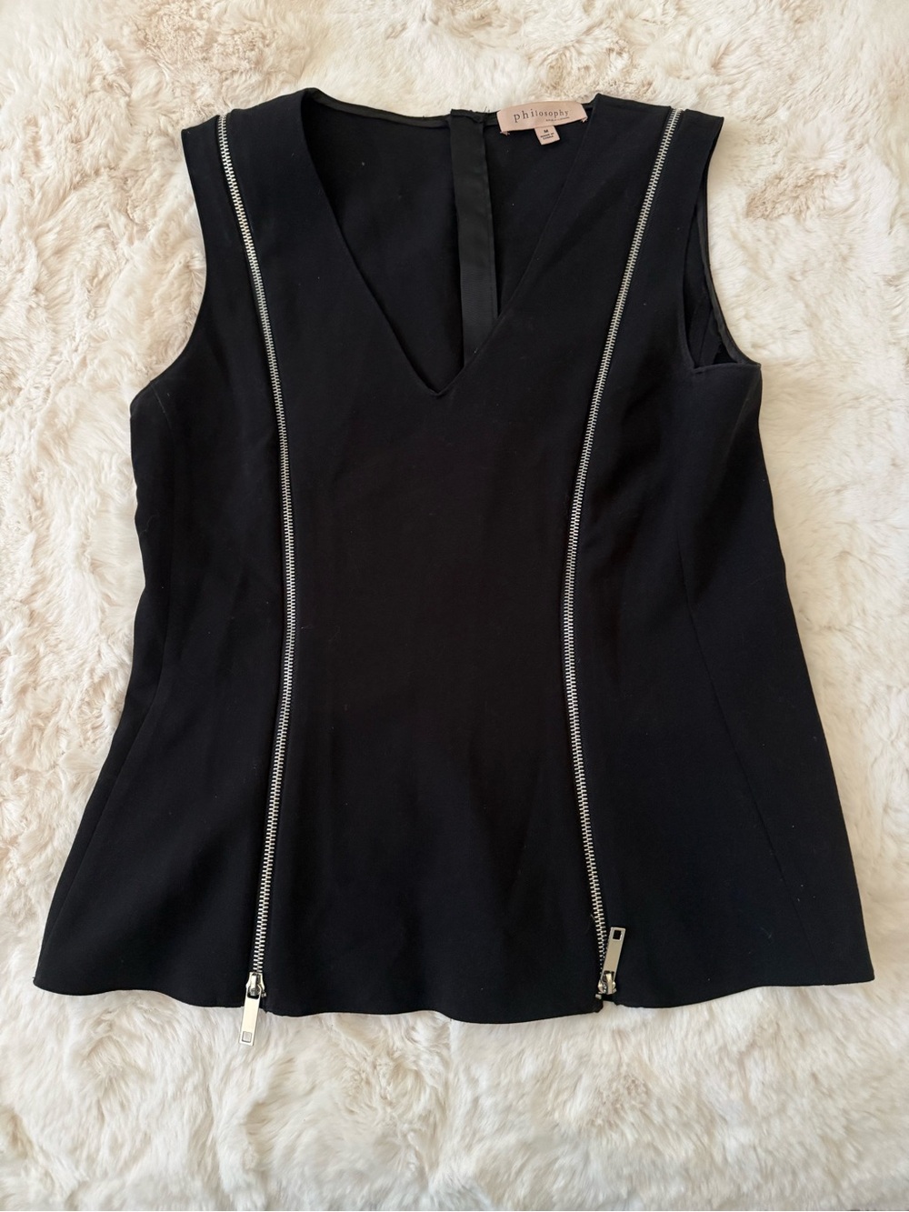 Philosophy Black Sleeveless V-Neck Top with Silver Zip Trim Accents - Size Med